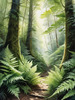 Enchanted Forest Art with Soft Green Light Filtering Through Dense Ferns