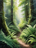 Enchanted Forest Art with Soft Green Light Filtering Through Dense Ferns