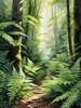 Enchanted Forest Art with Soft Green Light Filtering Through Dense Ferns