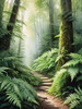 Enchanted Forest Art with Soft Green Light Filtering Through Dense Ferns