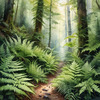 Enchanted Forest Art with Soft Green Light Filtering Through Dense Ferns
