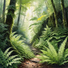 Enchanted Forest Art with Soft Green Light Filtering Through Dense Ferns