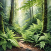Enchanted Forest Art with Soft Green Light Filtering Through Dense Ferns