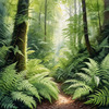 Enchanted Forest Art with Soft Green Light Filtering Through Dense Ferns