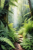 Enchanted Forest Art with Soft Green Light Filtering Through Dense Ferns
