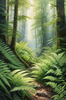 Enchanted Forest Art with Soft Green Light Filtering Through Dense Ferns