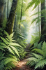 Enchanted Forest Art with Soft Green Light Filtering Through Dense Ferns