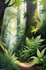 Enchanted Forest Art with Soft Green Light Filtering Through Dense Ferns