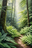 Enchanted Forest Art with Soft Green Light Filtering Through Dense Ferns