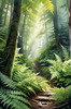 Enchanted Forest Art with Soft Green Light Filtering Through Dense Ferns