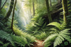 Enchanted Forest Art with Soft Green Light Filtering Through Dense Ferns