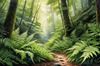Enchanted Forest Art with Soft Green Light Filtering Through Dense Ferns