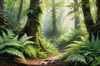 Enchanted Forest Art with Soft Green Light Filtering Through Dense Ferns