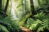 Enchanted Forest Art with Soft Green Light Filtering Through Dense Ferns