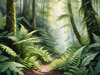 Enchanted Forest Art with Soft Green Light Filtering Through Dense Ferns