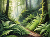 Enchanted Forest Art with Soft Green Light Filtering Through Dense Ferns