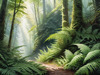 Enchanted Forest Art with Soft Green Light Filtering Through Dense Ferns