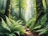 Enchanted Forest Art with Soft Green Light Filtering Through Dense Ferns