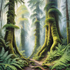 Misty Old-Growth Rainforest with Moss-Covered Trees and Vibrant Ferns Wall Art