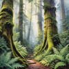 Misty Old-Growth Rainforest with Moss-Covered Trees and Vibrant Ferns Wall Art