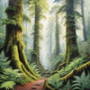 Misty Old-Growth Rainforest with Moss-Covered Trees and Vibrant Ferns Wall Art