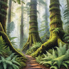 Misty Old-Growth Rainforest with Moss-Covered Trees and Vibrant Ferns Wall Art