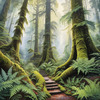 Misty Old-Growth Rainforest with Moss-Covered Trees and Vibrant Ferns Wall Art