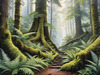Misty Old-Growth Rainforest with Moss-Covered Trees and Vibrant Ferns Wall Art