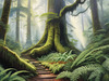 Misty Old-Growth Rainforest with Moss-Covered Trees and Vibrant Ferns Wall Art