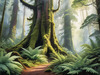 Misty Old-Growth Rainforest with Moss-Covered Trees and Vibrant Ferns Wall Art