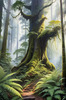 Misty Old-Growth Rainforest with Moss-Covered Trees and Vibrant Ferns Wall Art