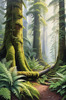 Misty Old-Growth Rainforest with Moss-Covered Trees and Vibrant Ferns Wall Art