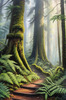 Misty Old-Growth Rainforest with Moss-Covered Trees and Vibrant Ferns Wall Art