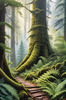 Misty Old-Growth Rainforest with Moss-Covered Trees and Vibrant Ferns Wall Art
