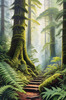Misty Old-Growth Rainforest with Moss-Covered Trees and Vibrant Ferns Wall Art