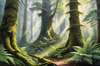 Misty Old-Growth Rainforest with Moss-Covered Trees and Vibrant Ferns Wall Art