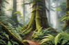 Misty Old-Growth Rainforest with Moss-Covered Trees and Vibrant Ferns Wall Art