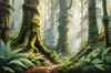 Misty Old-Growth Rainforest with Moss-Covered Trees and Vibrant Ferns Wall Art