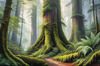Misty Old-Growth Rainforest with Moss-Covered Trees and Vibrant Ferns Wall Art