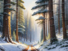 Enchanted Snowy Pine Forest with Sunlight Piercing Through Canopy