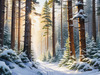 Enchanted Snowy Pine Forest with Sunlight Piercing Through Canopy