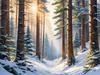 Enchanted Snowy Pine Forest with Sunlight Piercing Through Canopy