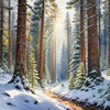 Enchanted Snowy Pine Forest with Sunlight Piercing Through Canopy