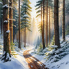 Enchanted Snowy Pine Forest with Sunlight Piercing Through Canopy