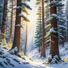 Enchanted Snowy Pine Forest with Sunlight Piercing Through Canopy