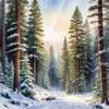 Enchanted Snowy Pine Forest with Sunlight Piercing Through Canopy
