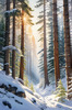 Enchanted Snowy Pine Forest with Sunlight Piercing Through Canopy