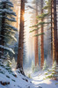 Enchanted Snowy Pine Forest with Sunlight Piercing Through Canopy