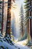 Enchanted Snowy Pine Forest with Sunlight Piercing Through Canopy
