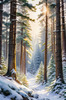 Enchanted Snowy Pine Forest with Sunlight Piercing Through Canopy